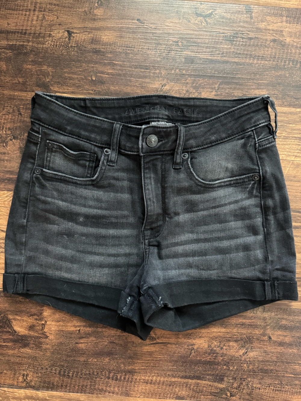 American Eagle Outfitters Black Fade Denim High waist stretch Roll-Cuff Shorts